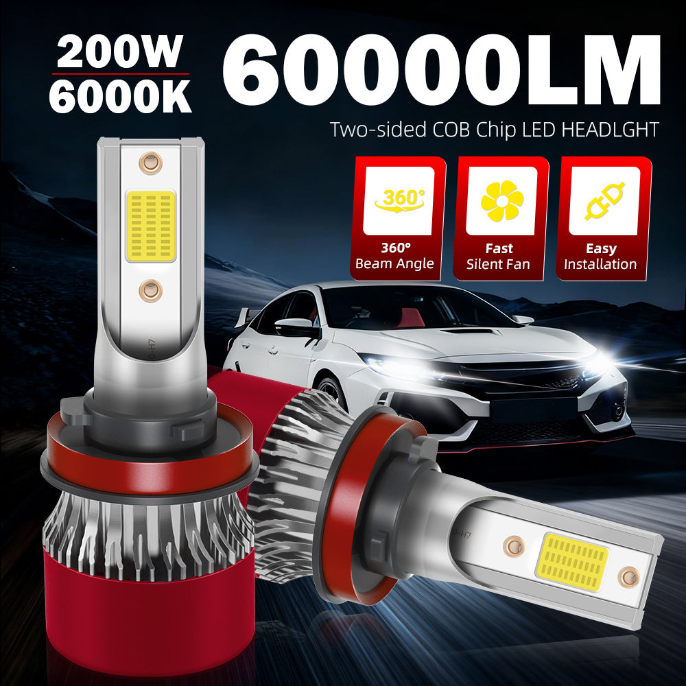 2只装LED汽车大灯 200瓦 6000K色温 60000流明 H1 H7 H11 9005 9006 H4 9007 H13双面COB芯片 LED灯泡 带散热风扇 持久耐用 增强照明 即插即用 适配多数车型