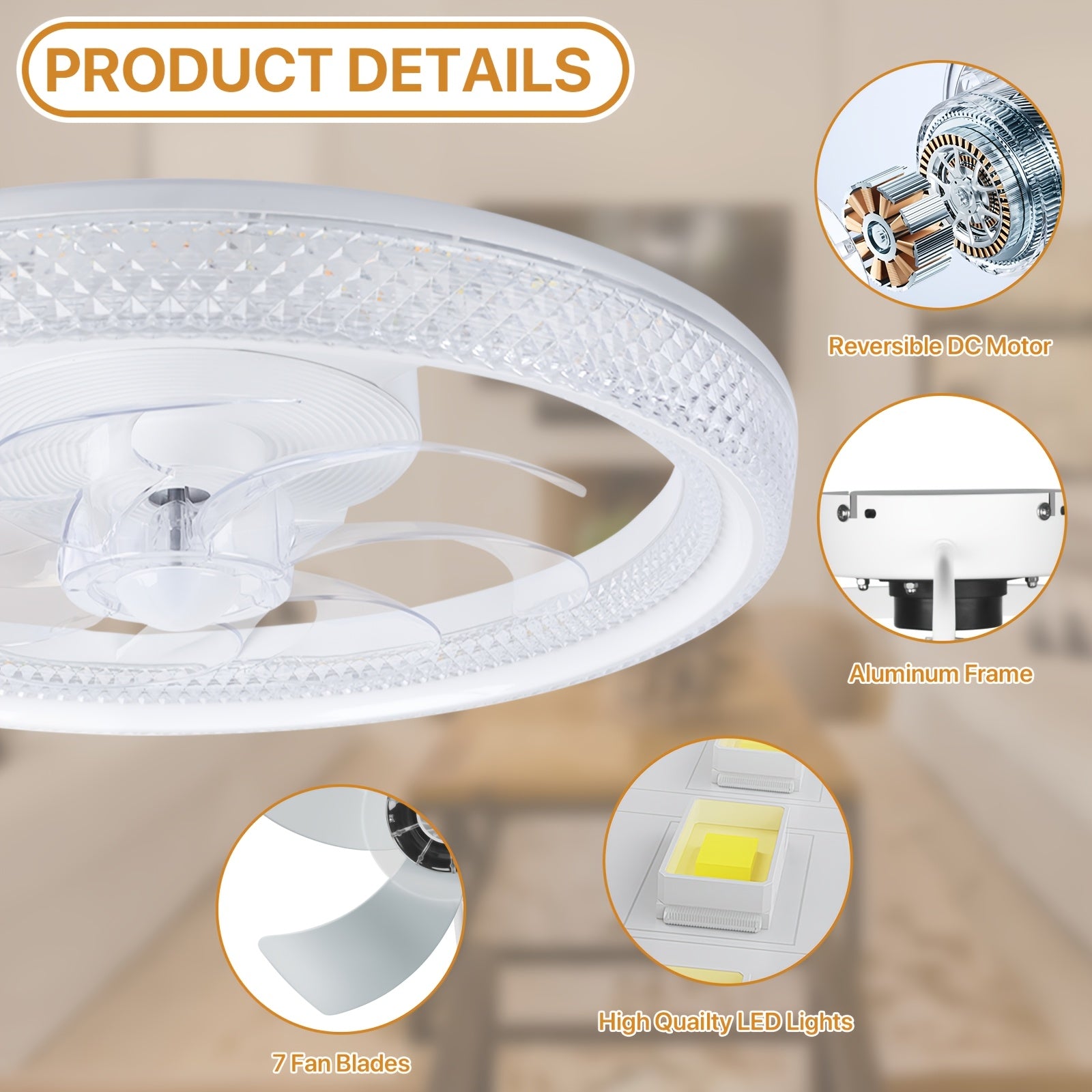 Remote Control Ceiling Fan with Light, 20 Inch Flush Mount Bladeless Ceiling Fan, 3000K-6500K Stepless Dimmable LED Light, 6 Wind Speed Levels, Modern Style Fan Light, for Bedroom, Kitchen, Living Room
