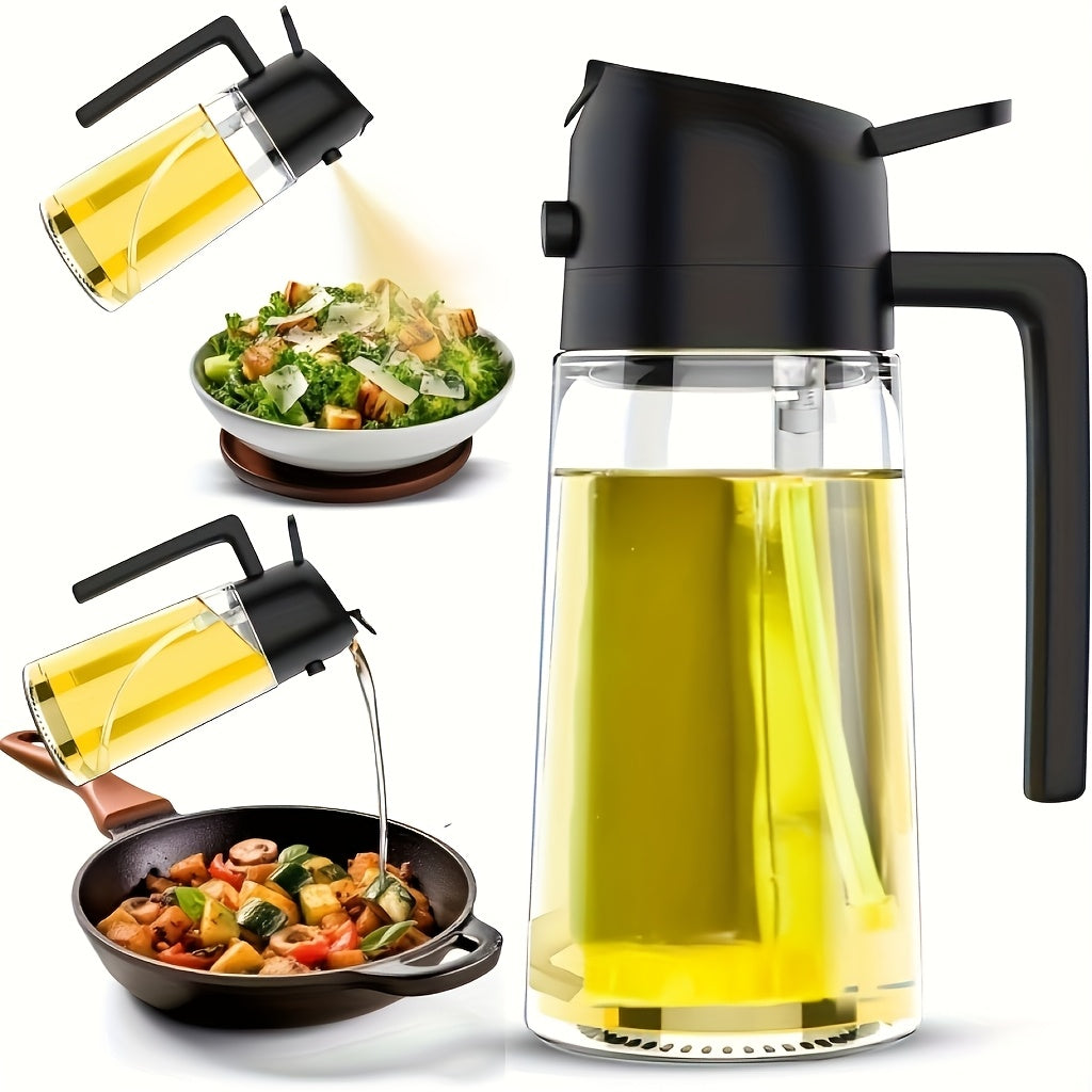 16 Oz Glass Oil Spray Bottle - 470ml Olive Oil Sprayer, 2-in-1 Kitchen Gadget, Perfect for Cooking, Salad Dressing and Barbecue, Square Design with Black Lid, Hand Wash Only, PVC Free