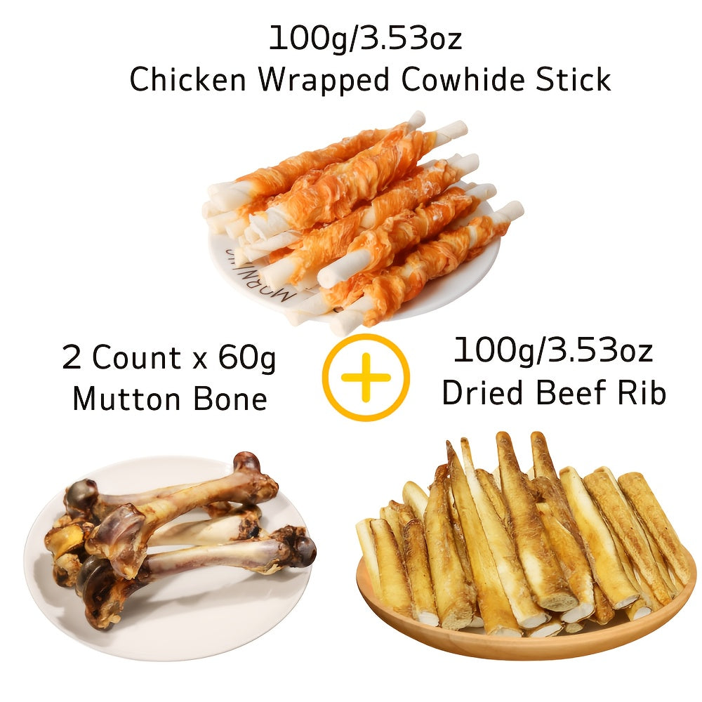 混合口味狗咬膠 - 牛肉、肋骨、土豆 - 高蛋白（30%）、低脂肪、持久牙齒清潔 - 易消化硬質訓練零食，適合幼犬訓練、潔齒 - 全品種（小、中、大型犬）- 袋裝，極限咀嚼專用，寵物牙齒護理，視覺吸引力，天然原料，牛排形狀零食，中等體型犬