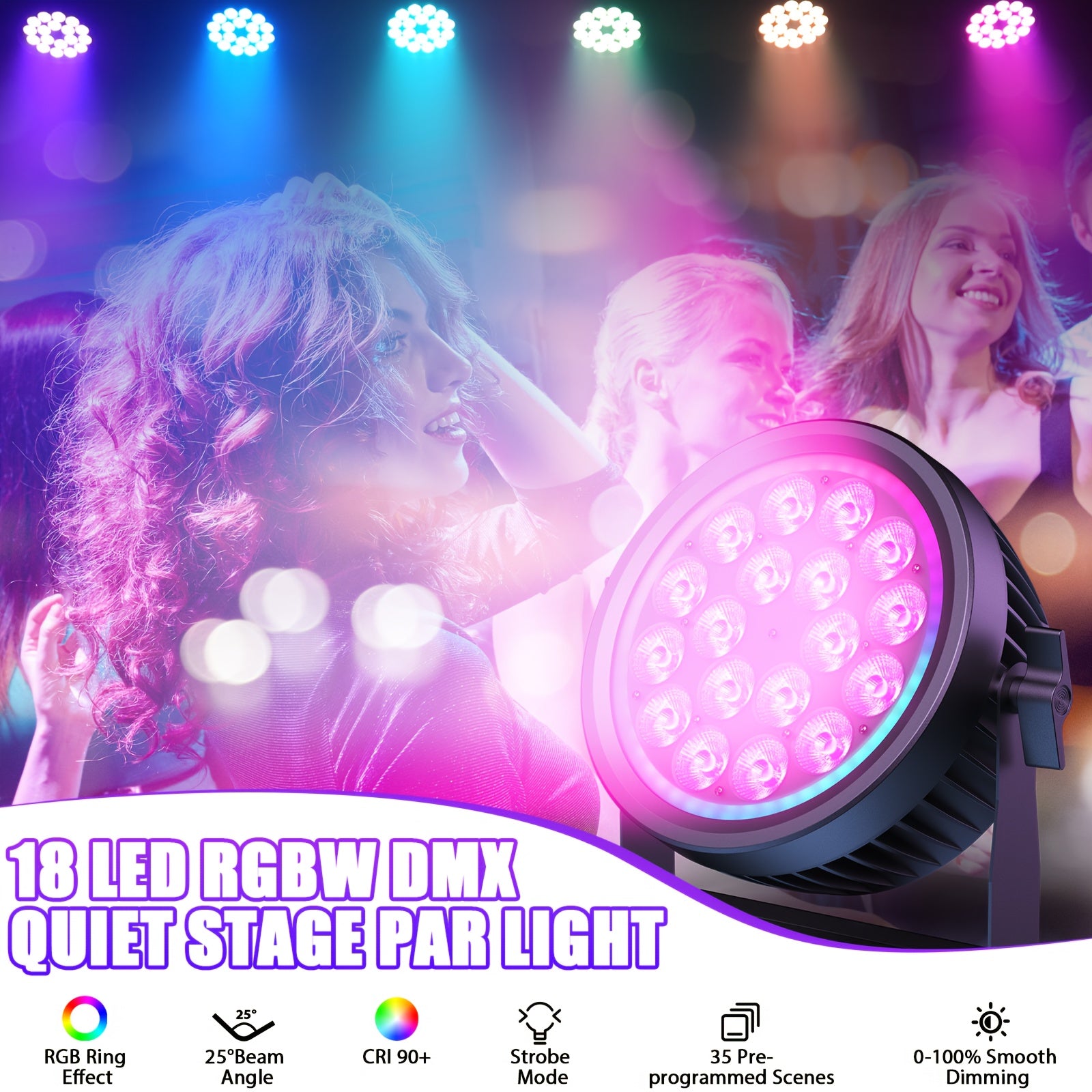 200W aluminum fanless silent stage light | 4-in-1 RGBW LED Par light with dynamic iris, DMX512/auto/sound activation Par cover, suitable for events, weddings, bars, parties, stages, Christmas LED lights