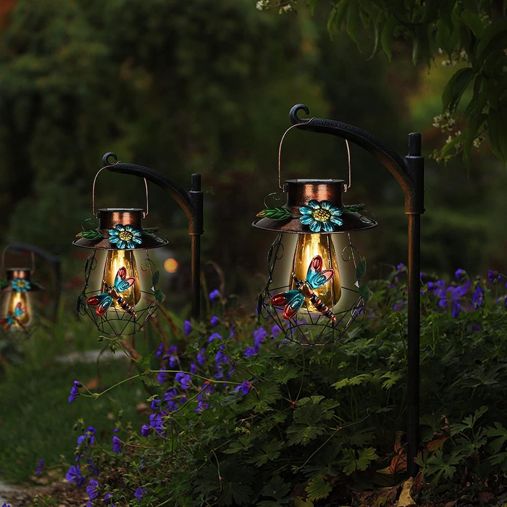 Elegant Outdoor Solar Hanging Light, Iron Solar Light with Dragonfly and Flower Decoration, Beautiful Garden Courtyard Patio Walkway Decorative Lighting, Outdoor Solar Light
