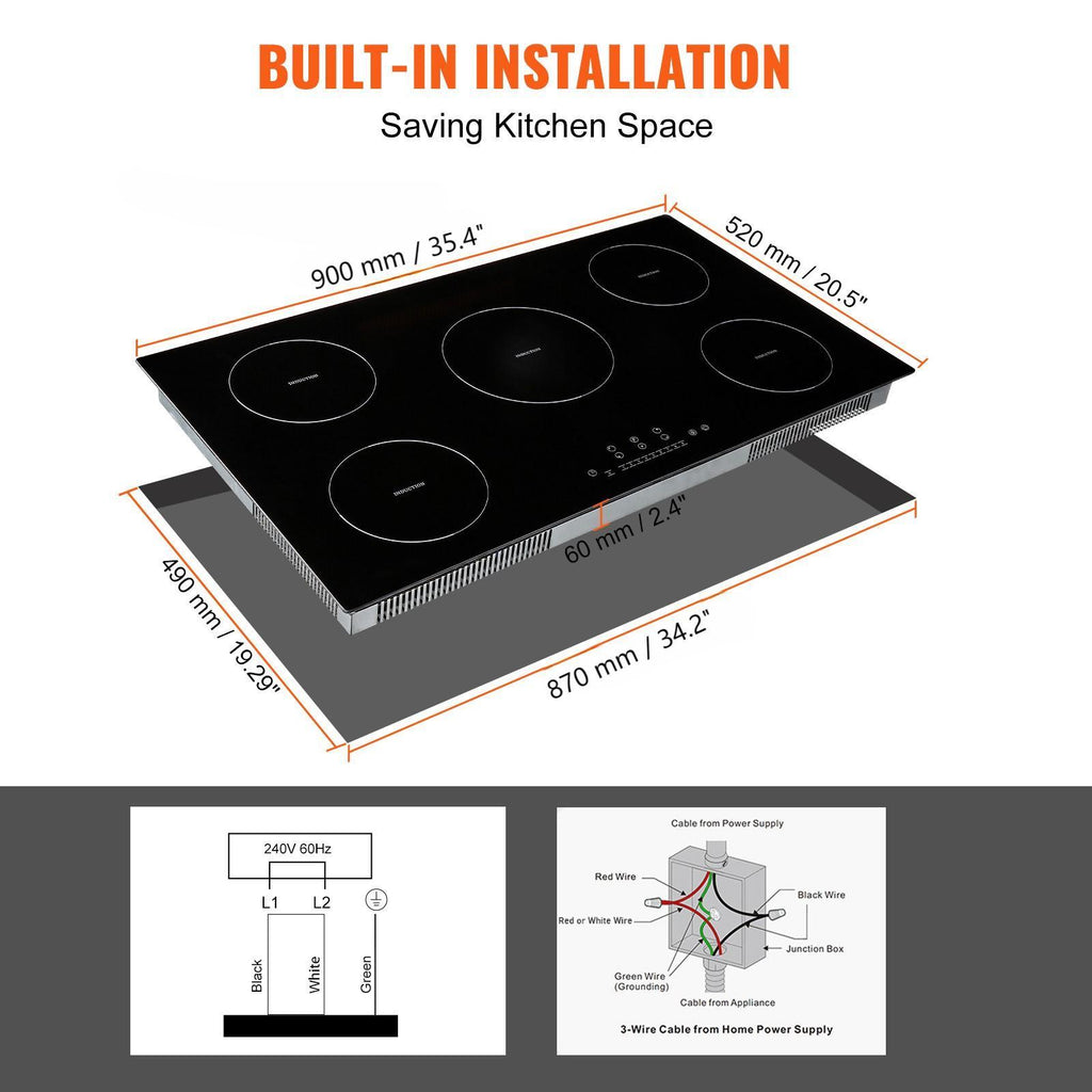 VEVOR Induction Cooktop, 5 Burners, 36-Inch Induction Stove, Built-In Magnetic Cooktop 9200W, 9-Level Multi-Function Burner, LED Touch Screen with Child Lock & Over-Temperature Protection