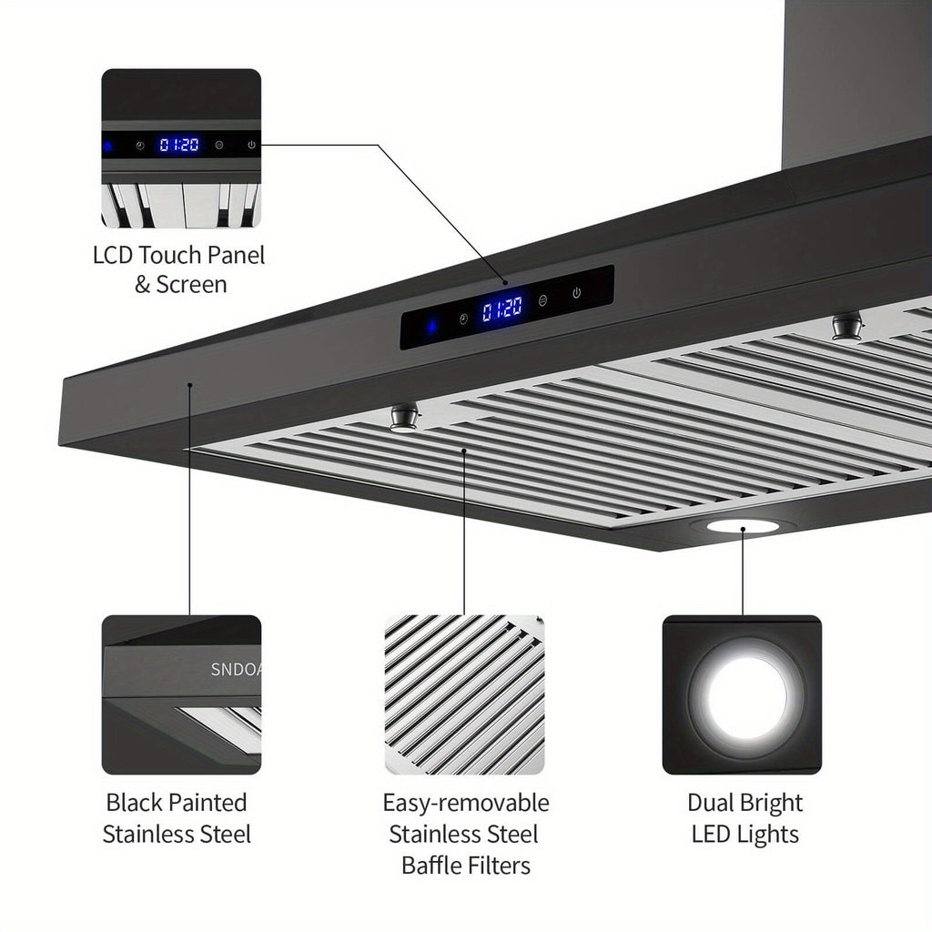 30-Inch Wall-Mounted Range Hood, 450 CFM Ventilation, Touch Control, Stainless Steel Design, LED Lighting, 3-Speed Fan, Available in Black and Silver