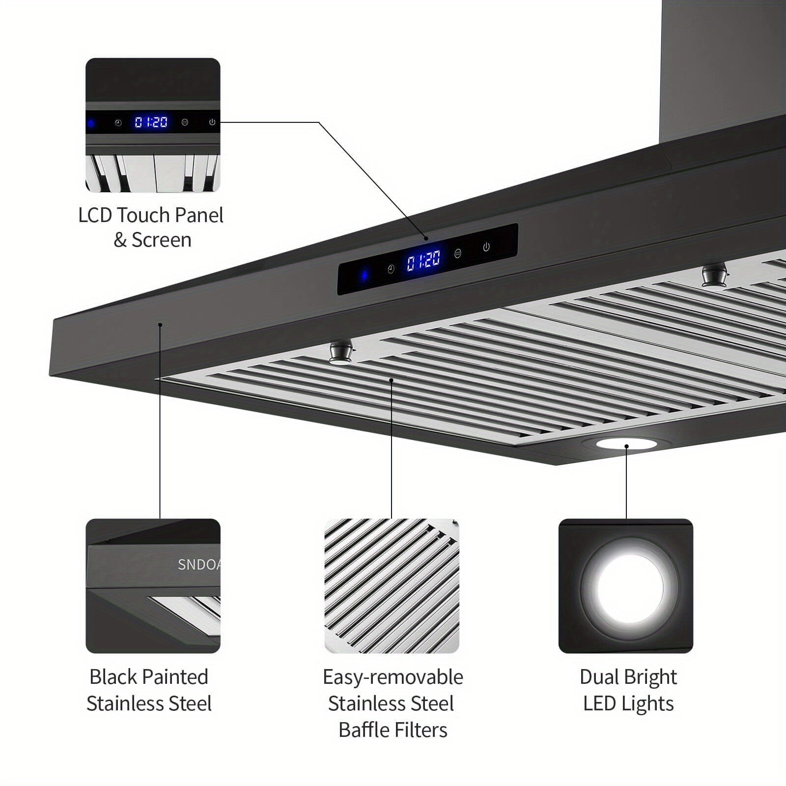 30-Inch Wall-Mounted Range Hood, 450 CFM Ventilation, Touch Control, Stainless Steel Design, LED Lighting, 3-Speed Fan, Available in Black and Silver