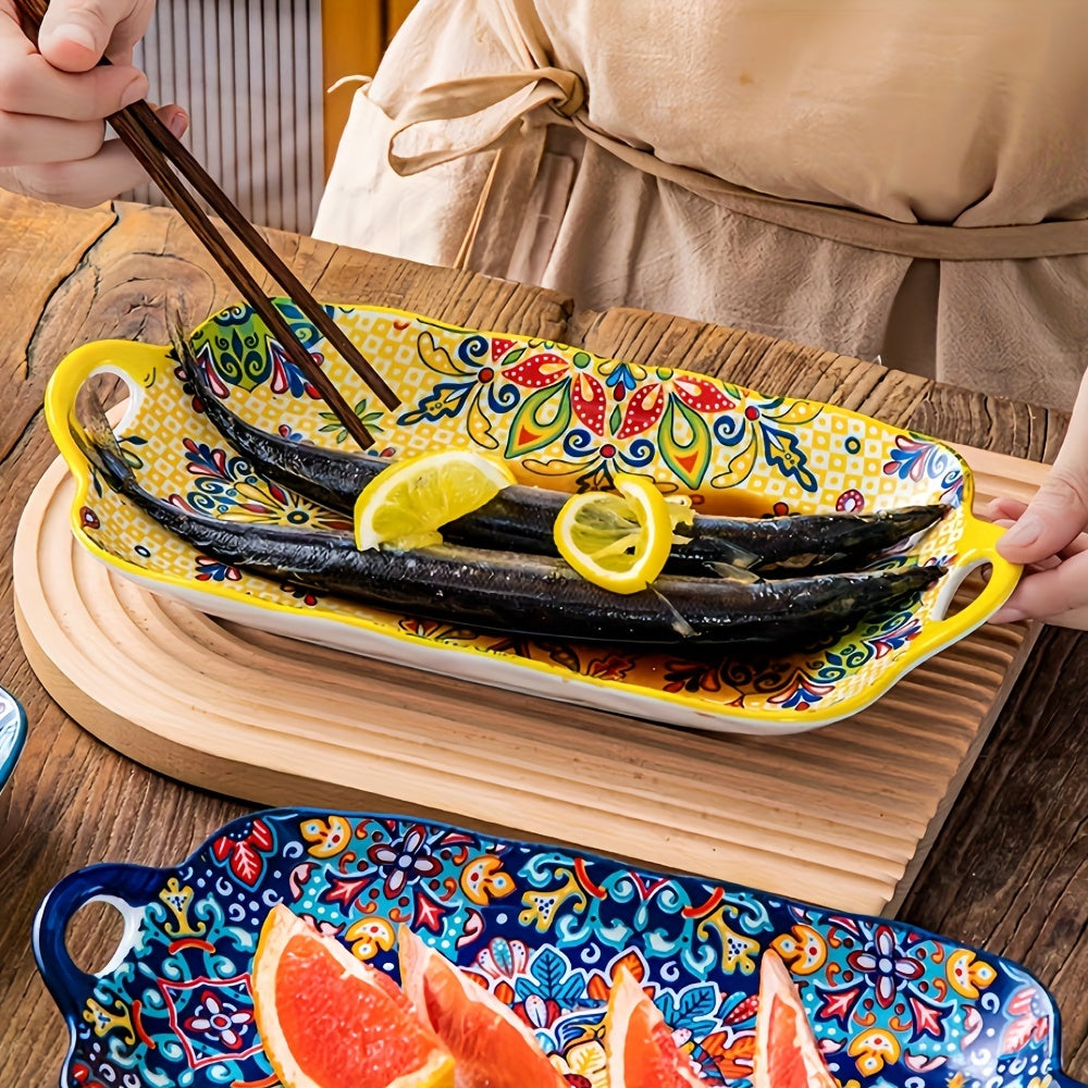 1 Piece Ceramic Bohemian Style 12.8-Inch Fish Plate with Double Handles – Kitchen Serving Platter – Rectangular Baking Dish Safe for Microwave & Oven