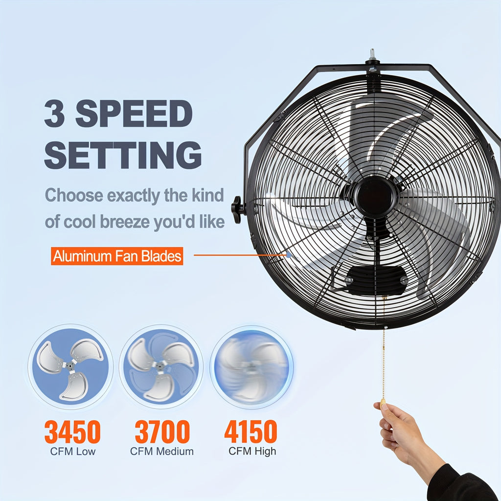 18 Inch Industrial Wall Fan, 3 Speed High Velocity, Metal Construction, Waterproof / Non-Waterproof Optional, Black, ETL Certified, Ideal for Warehouse, Greenhouse, Workshop, Courtyard & Industrial Ventilation | Multi-Mount Design | Metal Wall Fan