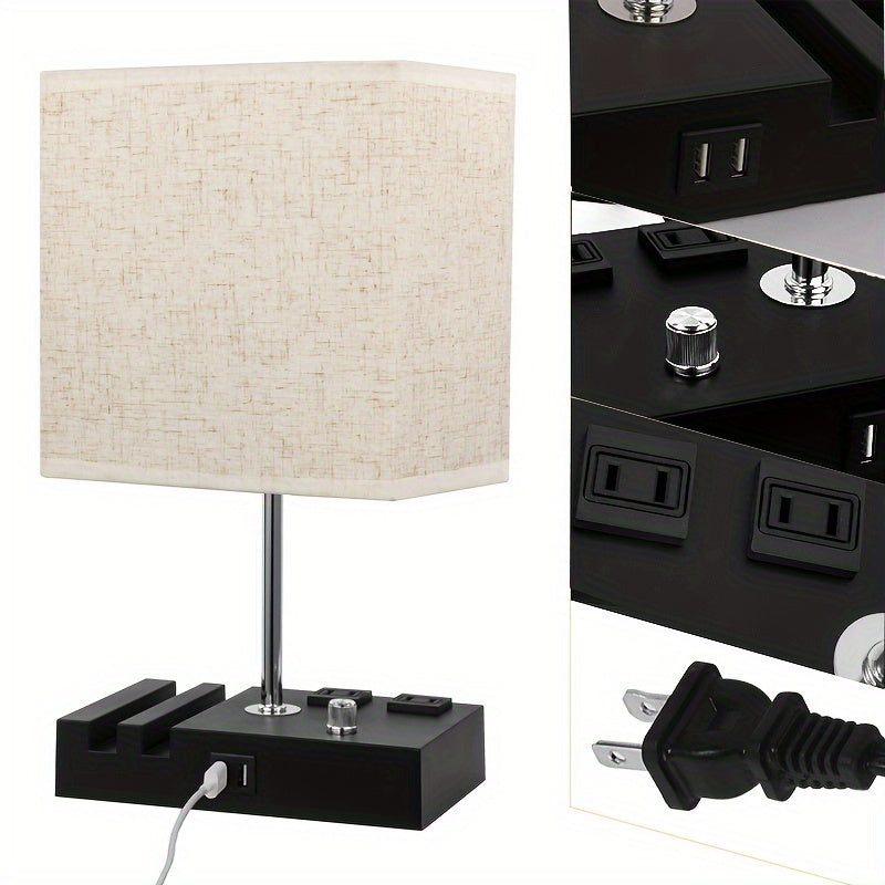 Dimmable table lamp bedroom dual USB port bedside lamp for nightstand counter lamp with charging station, 2 power outlets, fabric lampshade, LED bulb