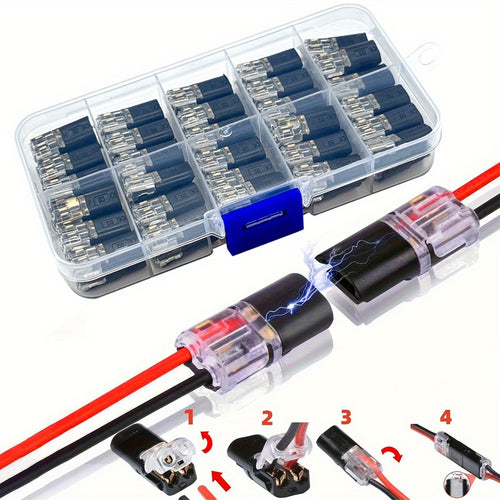12pcs/60pcs Dual Wire Insertion Connector, 2-Pin 2-Port, PVC Insulation, Copper Contact Material, Quick Connect Terminal, No-Charge Power Mode, with Locking Clip, for LED Wire Connection in Cars and Home Use