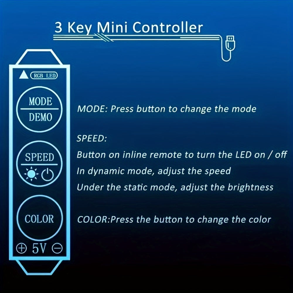 RGB LED灯带，USB 5V供电，3键控制器，可变色可调光，适用于派对氛围、电视背光、卧室、客厅、家居装饰、环境照明、DIY小夜灯、USB小工具、仙女灯、情绪灯、游戏桌搭配灯