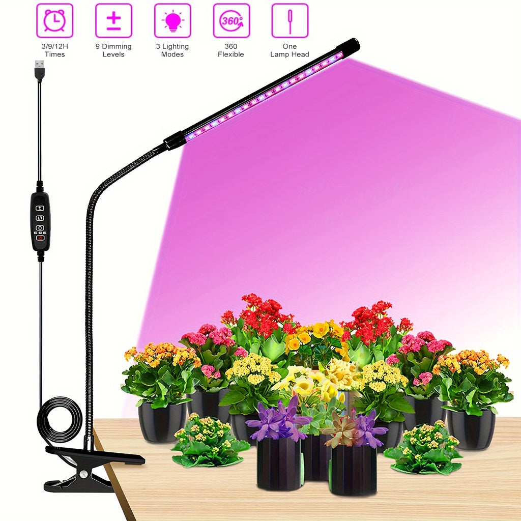 360° Adjustable Gooseneck Plant Grow Light, 3 Light Modes Red/Blue/Red-Blue, 3 Timing Options 3/9/12 Hours, 10 Dimmable Levels, USB Powered Multi-Function Clip-On Grow Lamp for Indoor Plant Lighting