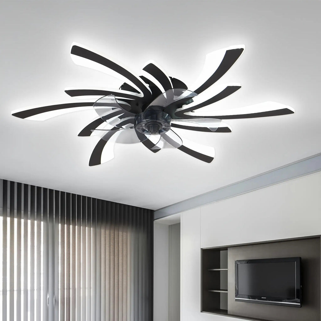 Modern Black Flush Mount Ceiling Fan with Light, 31 Inch, Reversible 6 Speed Adjustable, Remote Control Included, Ceiling Fan Chandelier with Bright Light for Bedroom, Living Room, Kitchen, Office