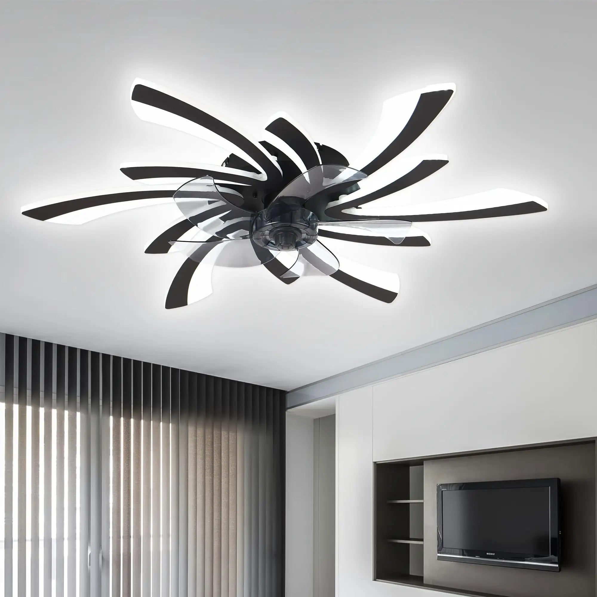 Modern Black Flush Mount Ceiling Fan with Light, 31 Inch, Reversible 6 Speed Adjustable, Remote Control Included, Ceiling Fan Chandelier with Bright Light for Bedroom, Living Room, Kitchen, Office