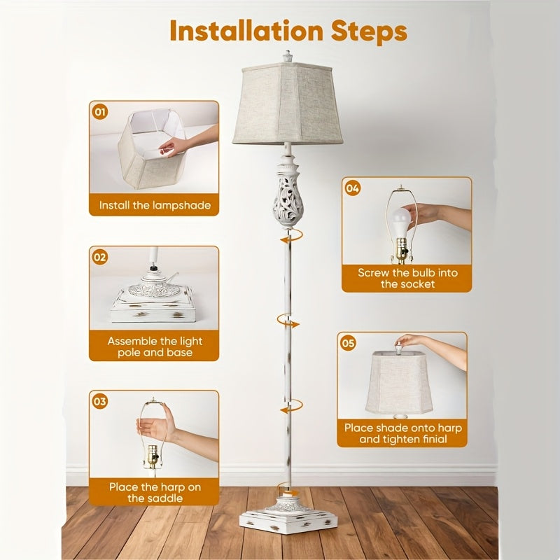 64-inch vintage floor lamp with night light function, three-level dimming rustic style tall standing lamp, with rotary switch and beige linen lampshade, suitable for living room, corner, bedroom and home decoration, white (bulb included)
