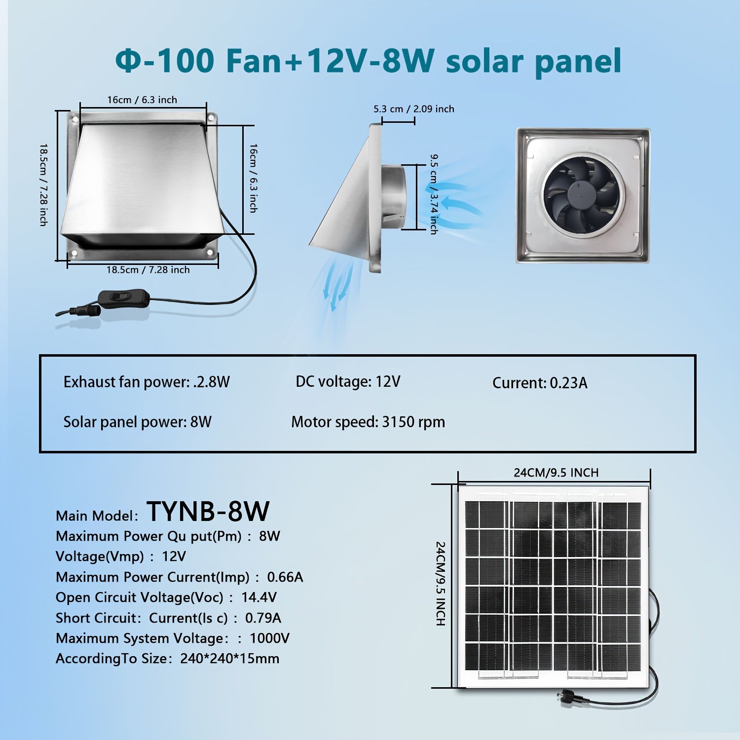 Wall-Mounted Solar Exhaust Fan, 8W Solar Panel + Φ110mm Ventilation Fan, Stainless Steel Metal Shell Protection, High Speed Large Airflow Exhaust Fan, Ventilation and Heat Dissipation Solution for Attic, Warehouse, Garage and Kitchen