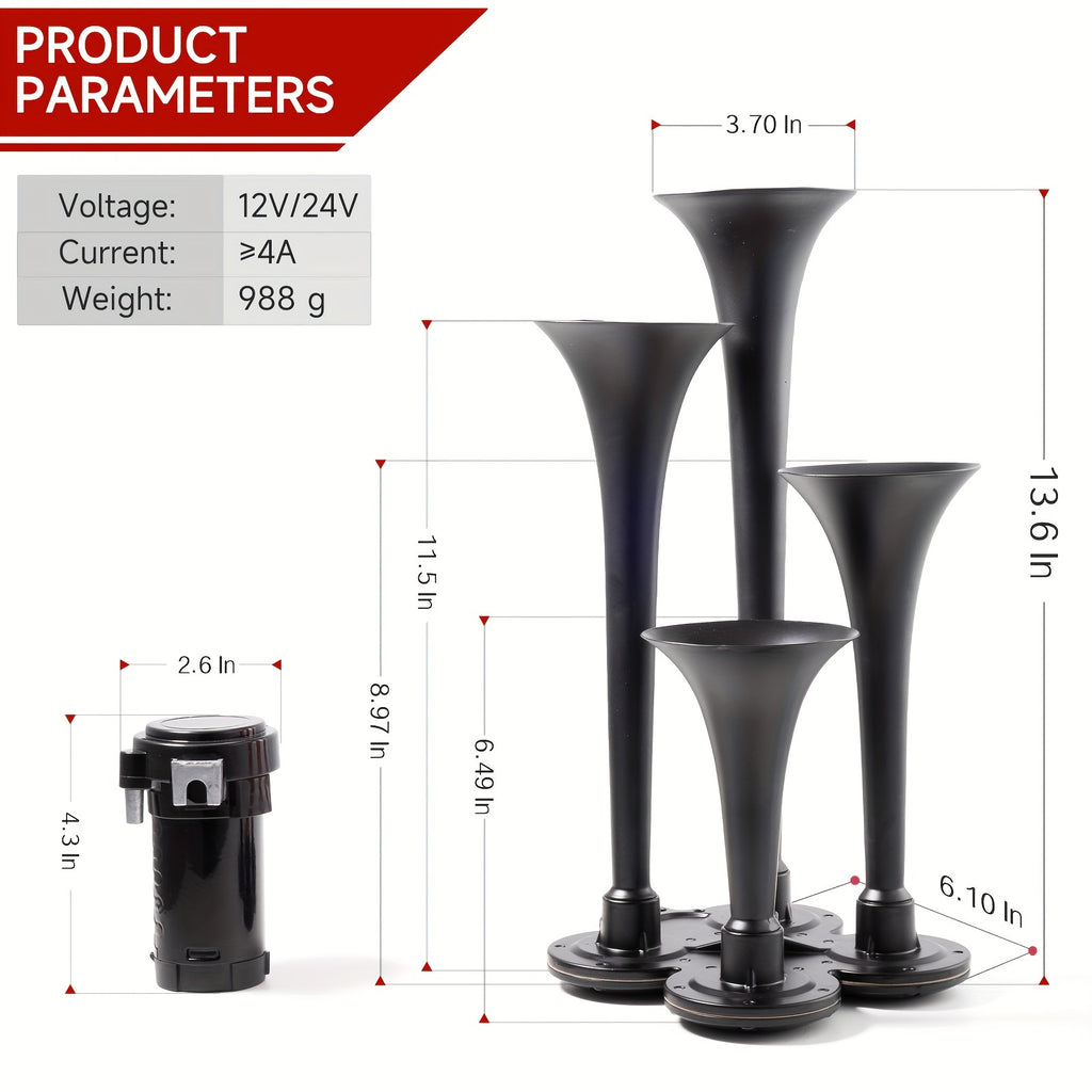 ALLREY Truck Air Horn Train Horn 12V 4-Horn Car Horn Super Loud Air Horn with Compressor, Fits Vehicles Trucks Cars Pickup Jeep SUV Train Boat, Matte Black Silver Red