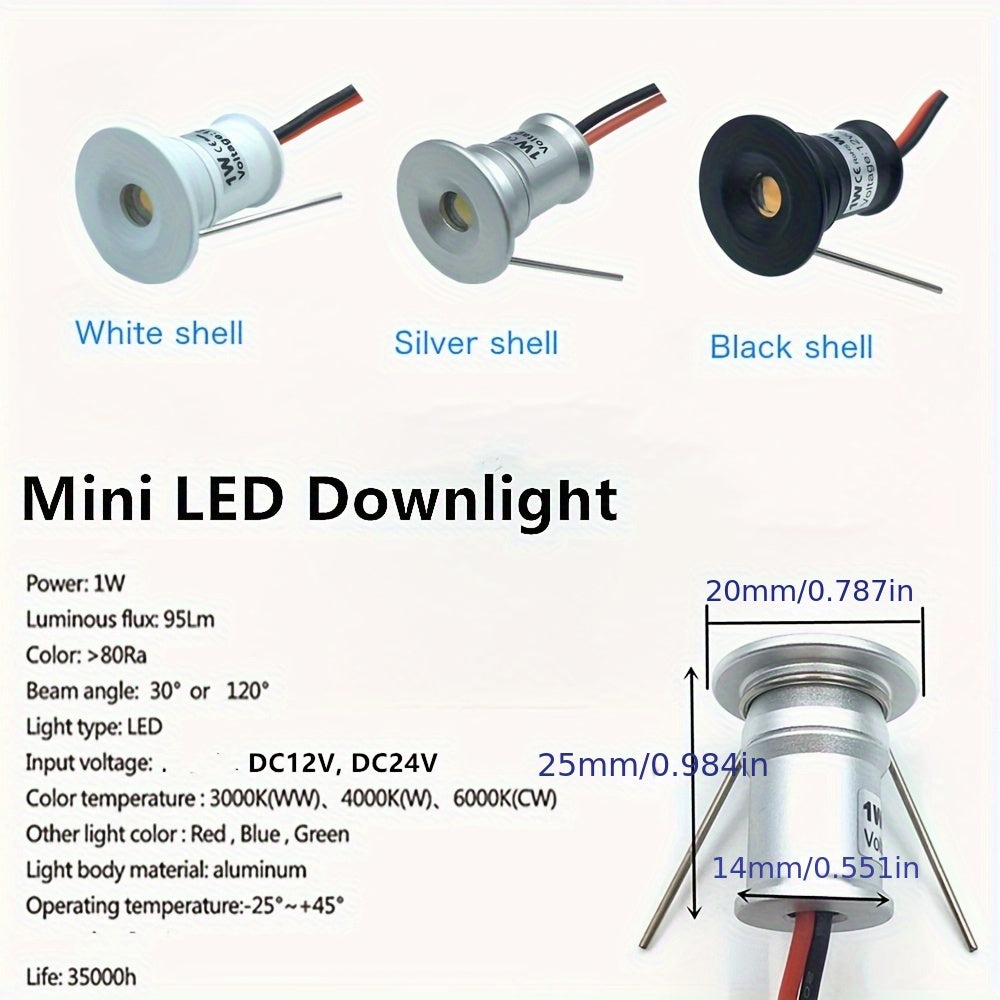 1PCS 1W LED dimmable mini spotlight DC12V cutout 15mm 3000K 4000K 6000K warm white, natural white, cool white beam angle 30 degrees recessed downlight for bedroom ceiling cabinet staircase black white silver housing