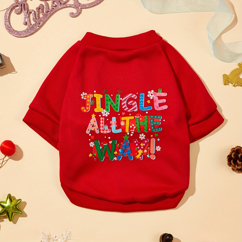 1件圣诞红色JINGLE ALLTHE WAY标语图案印花猫咪狗狗涤纶无帽卫衣防跳蚤减少掉毛保暖透气小宠物无帽卫衣适用于猫狗室内外