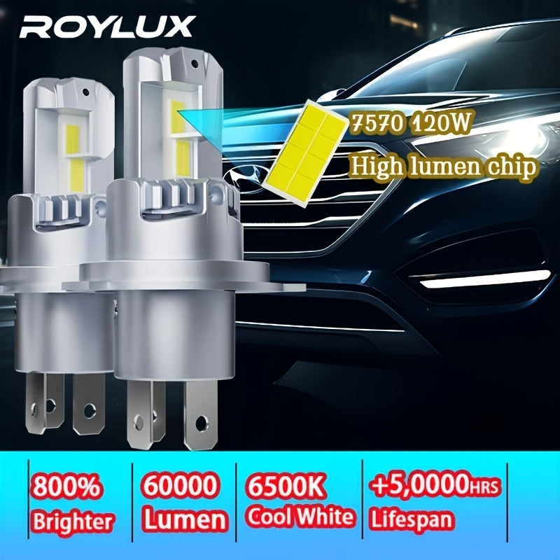 2 New ROYLUX H4 9003 Car LED High/Low Beam Headlights 6500K White Non-Polarized Mini HB2 Headlights Super Bright Driving Light for 12V
