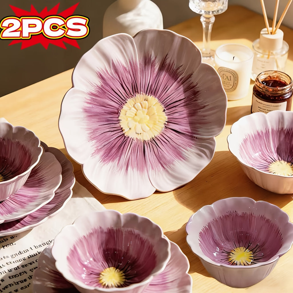 2PCS Set, New Purple Flower Bud Ceramic Dinnerware – Steak Plate, Pasta Plate – Perfect for Restaurant & Home Use – Novel Floral Pattern Plate, Fruit Salad Bowl, Exquisite Personalized Tableware, Fine Kitchen Dinnerware, Gift