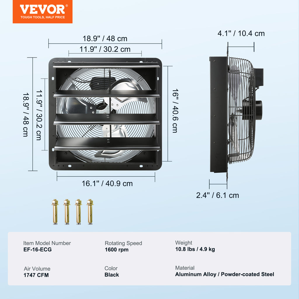 VEVOR Shutter Exhaust Fan, 12''/14''/16'' with Temperature and Humidity Controller, EC Motor, 940 CFM/1513 CFM/1747 CFM, 10-Speed Wall Mount Attic Fan for Greenhouse, Garage, Shed Ventilation and Cooling