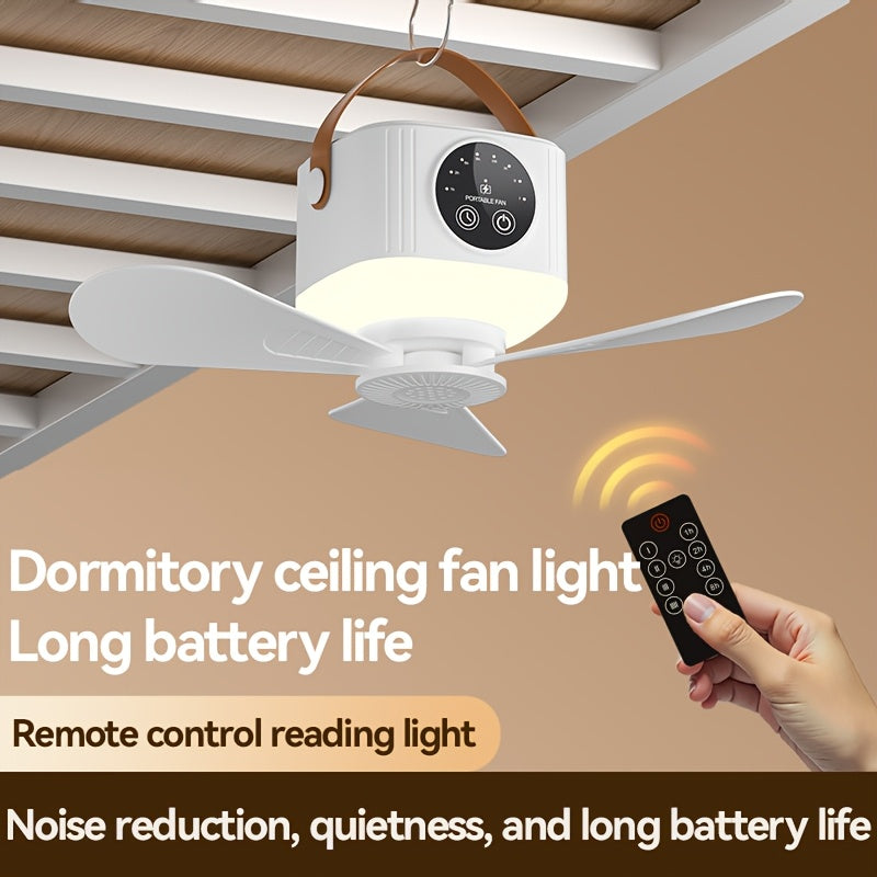 Camping Ceiling Fan, 3-Level Ambient Light, 4-Speed Timer & 4 Wind Speed Adjustment, Remote Control, USB Charging, Long Lasting Battery, Suitable for Camping, Home, Bedroom, Desk, Travel, Car, Dormitory, Workshop