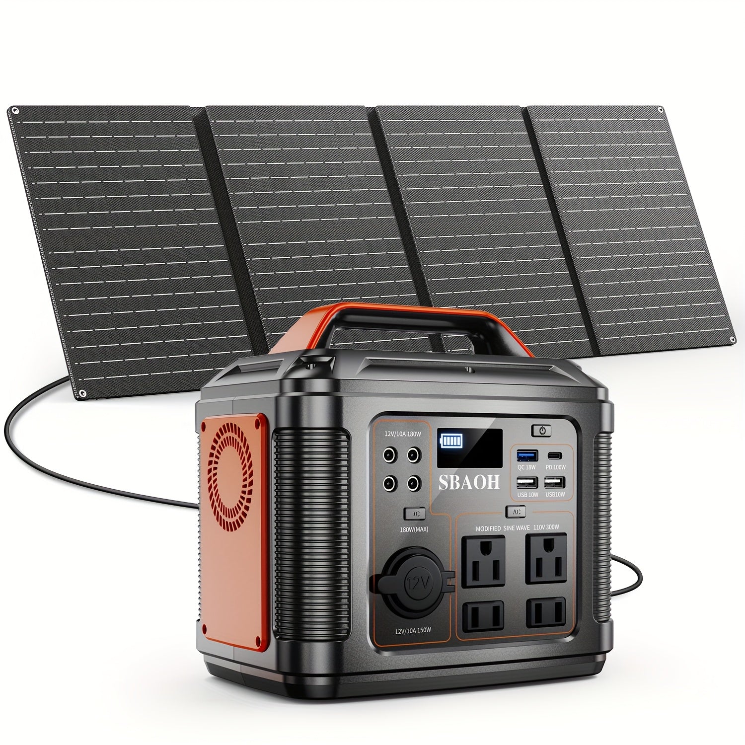 SBAOH 300W行動式發電機 296Wh 8000mAh太陽能發電機及60W太陽能板 帶交流直流輸出/快速充電/手電筒/房車/應急備用/露營功能 橙色款