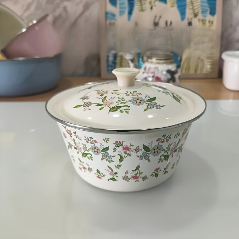 Multifunctional Enamel Thick Soup Bowl with Lid, Floral Pattern – Scratch-Resistant & Durable – Perfect for Home Cooking & Catering – Dishwasher Safe, Permanent Kitchen Essential