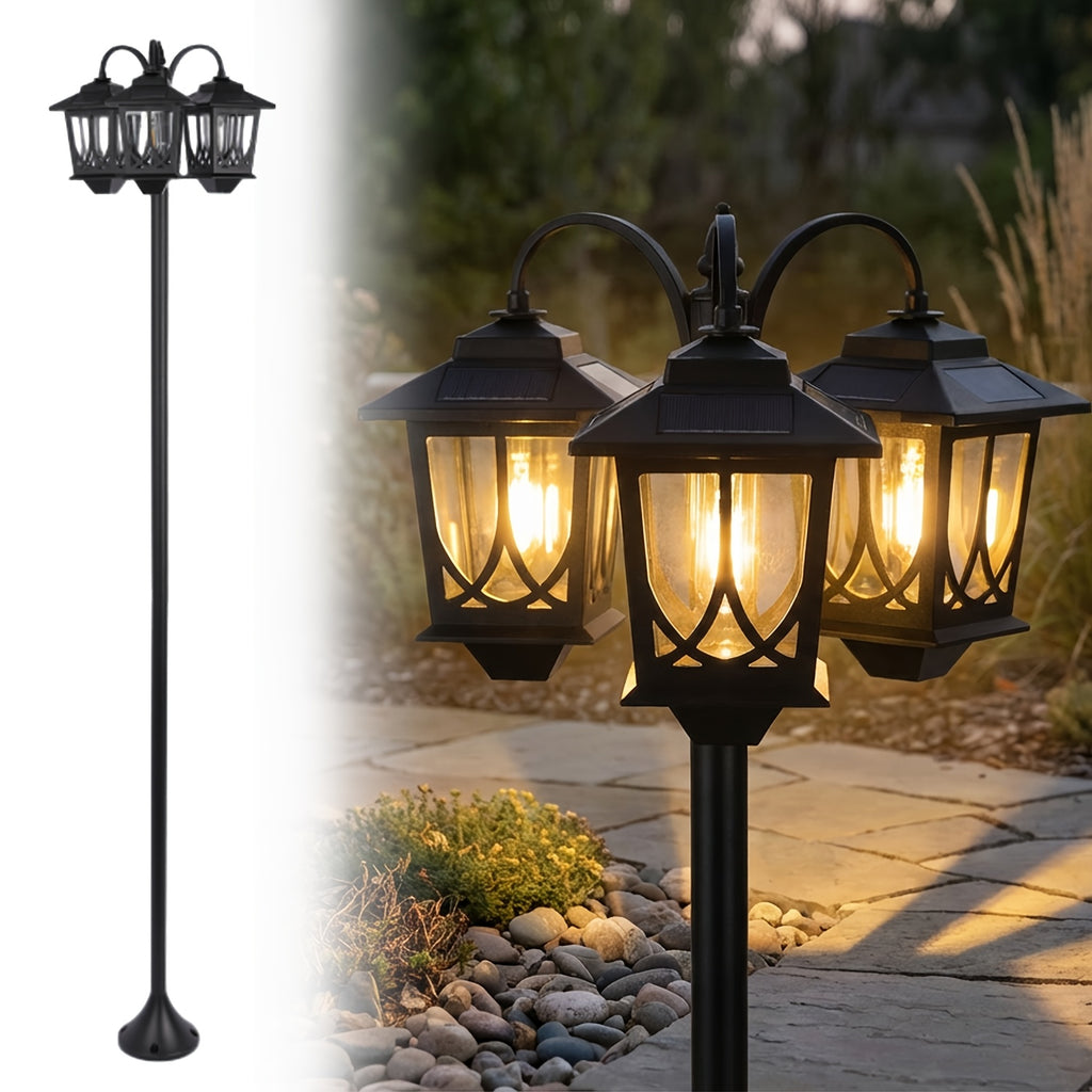 3-Head Solar Outdoor Lamp Post | 73 Inch Light Post, Dusk-to-Dawn Auto On/Off, Metal Material, Semi-Flush Mount Installation, Suitable for Garden Courtyard Home, Mardi Gras, Easter Decoration