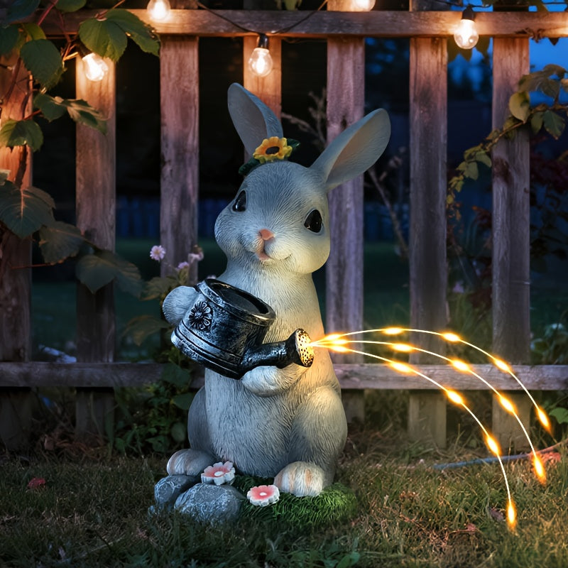Easter Decoration, Solar Gray Rabbit Holding Watering Can Statue, Animal Theme Sculpture Resin Ornament, Courtyard, Lawn, Garden, Patio Decoration, Rabbit Statue, Christmas, Thanksgiving, Valentine‘s Day Gift