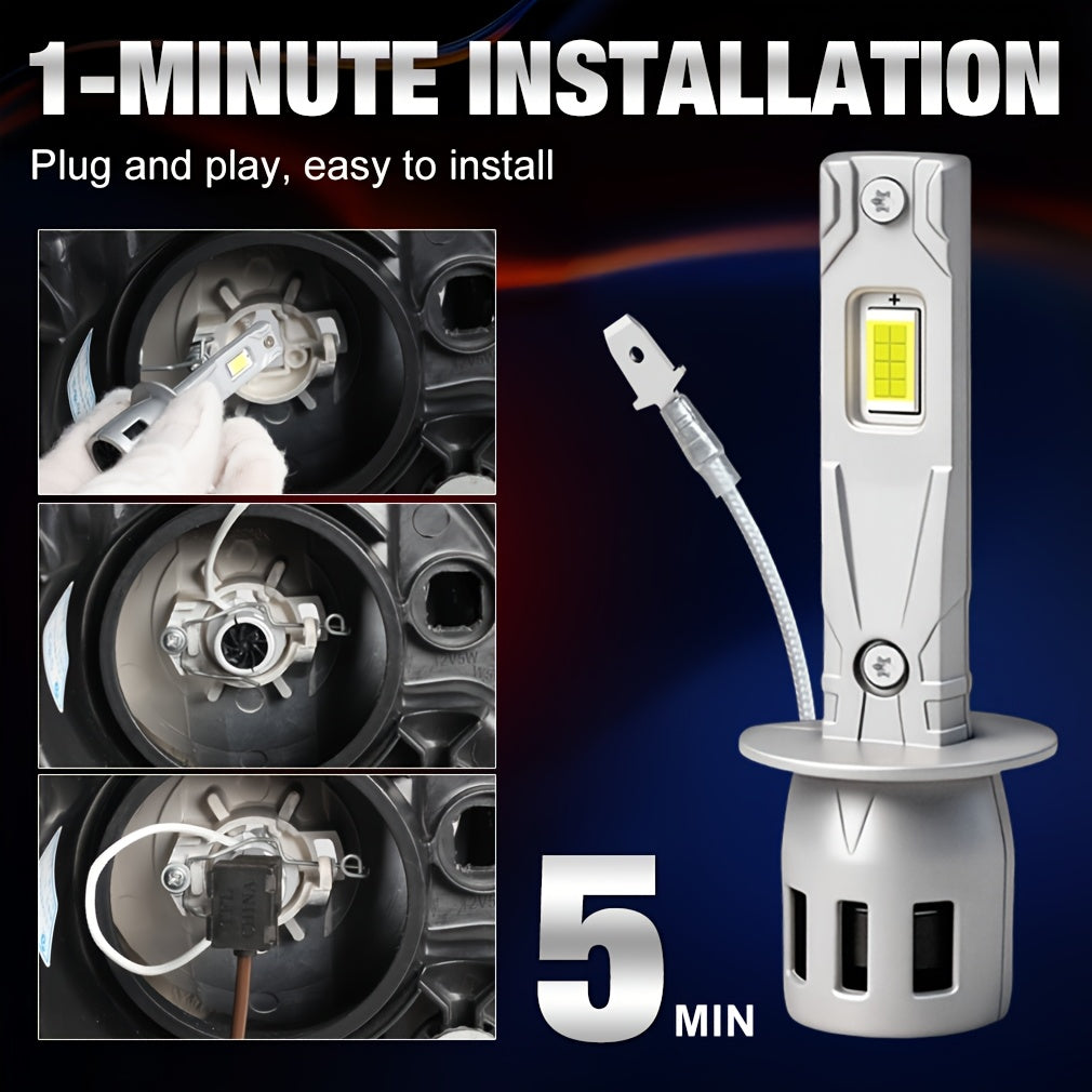 LED H1 H3 Headlight Bulbs 6000K White H1 Fog Light Bulb 1:1 Mini Size 2-Pack with Fan