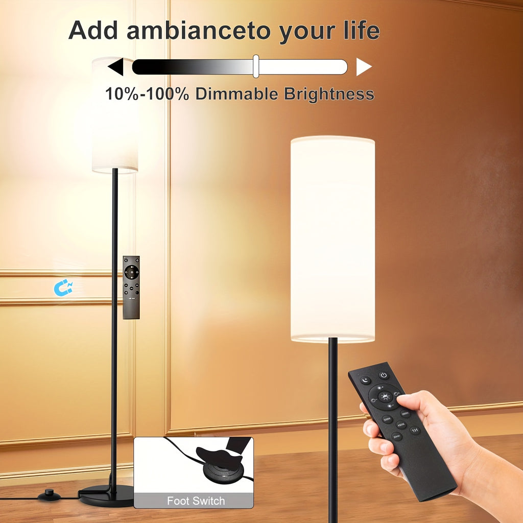 LED floor lamp, dimmable with lampshade and LED bulb (3000K-6500K), self-adjusting color temperature tall lamp for bedroom, equipped with foot switch and remote control