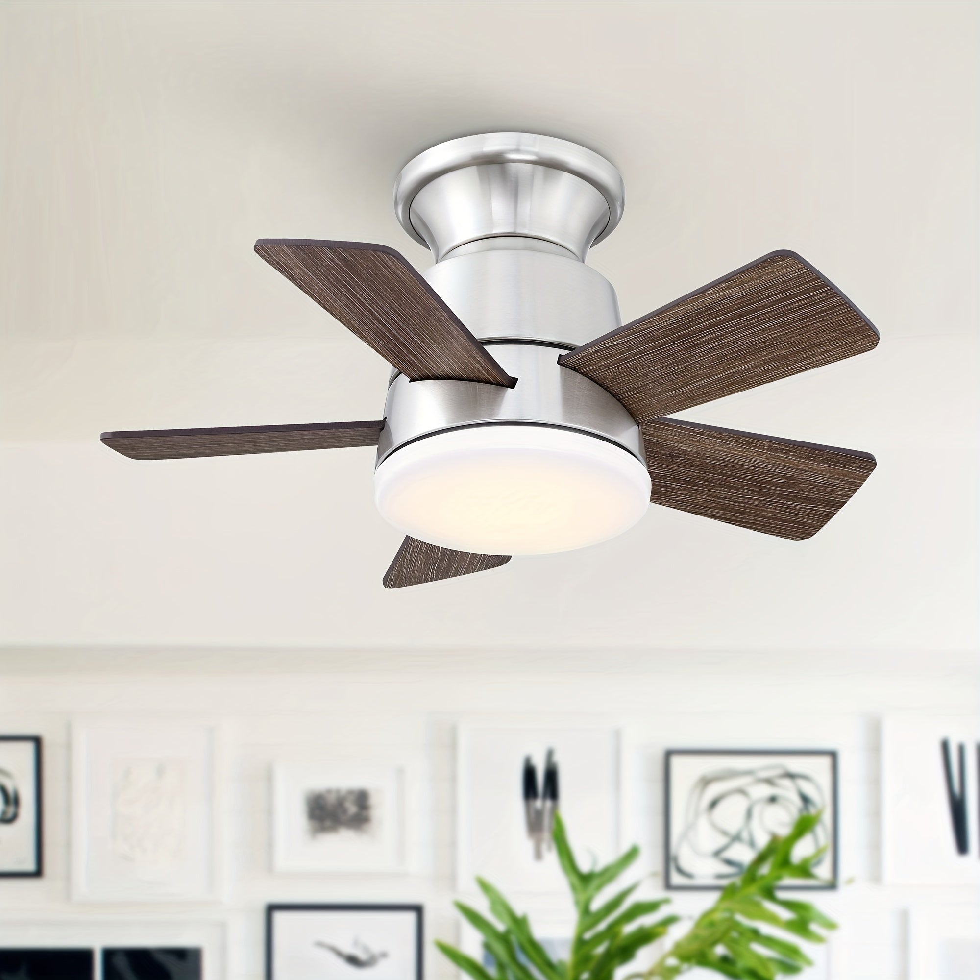 24 Inch Integrated LED Flush Mount Ceiling Fan, Indoor Natural Brass Gold/Brushed Nickel/Bronze Ceiling Fan with Light and Remote Control