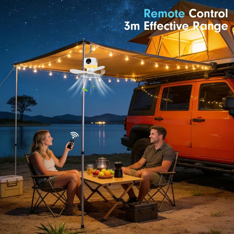 Portable Camping Ceiling Fan, Equipped with LED Light & Remote Control, USB Rechargeable, 4-Speed Adjustable Fan with 3 Small Night Lights, Suitable for RV, Truck, Tent, Travel & Camping