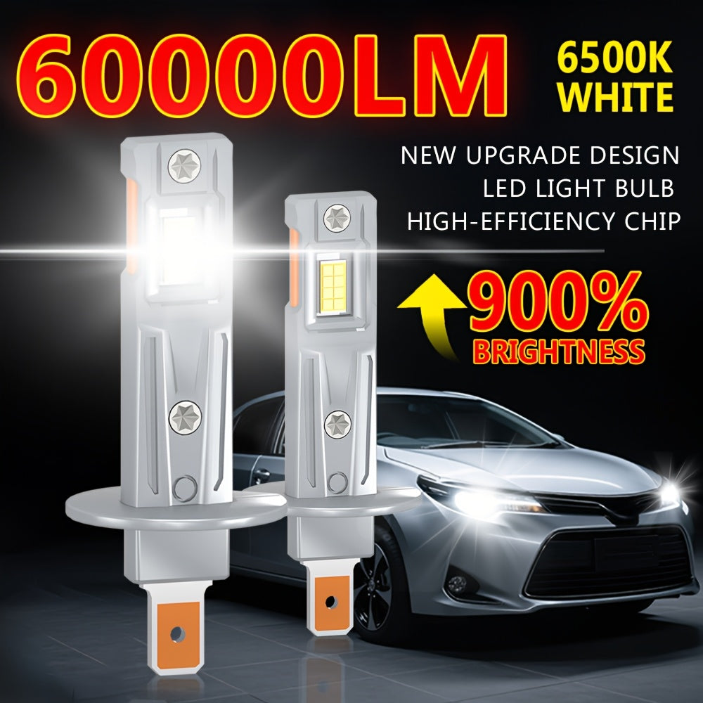 升级款H1 9005 9006 LED灯泡2个装，超亮迷你尺寸60000LM，12V 6500K白色带风扇，适用于汽车大灯、LED大灯和雾灯，易于安装，不含电池