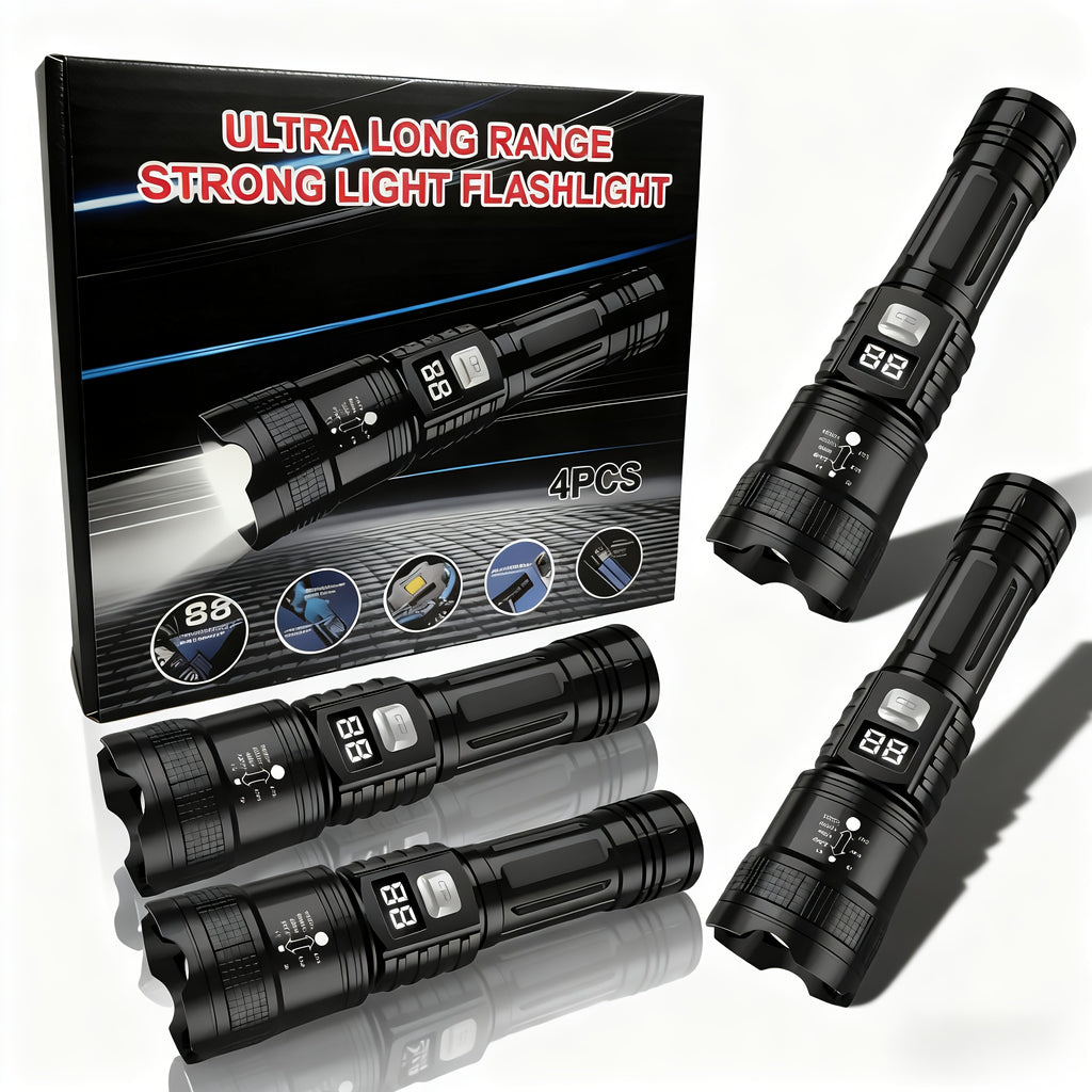 4-pack rechargeable high-power LED flashlight, with zoomable focus function, ultra-bright long-range beam, tactical work light, suitable for camping, hunting, hiking, emergency, equipped with LCD digital display screen
