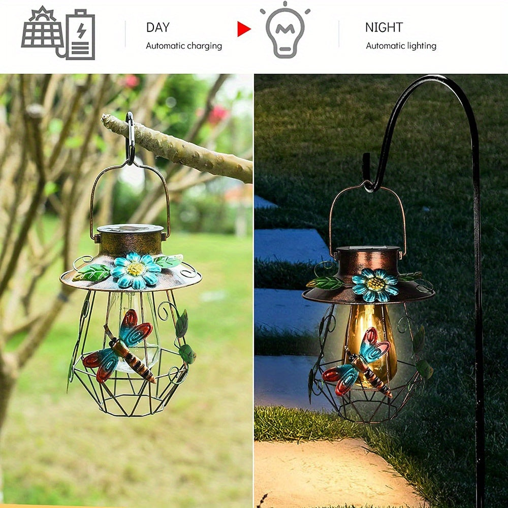 Elegant Outdoor Solar Hanging Light, Iron Solar Light with Dragonfly and Flower Decoration, Beautiful Garden Courtyard Patio Walkway Decorative Lighting, Outdoor Solar Light