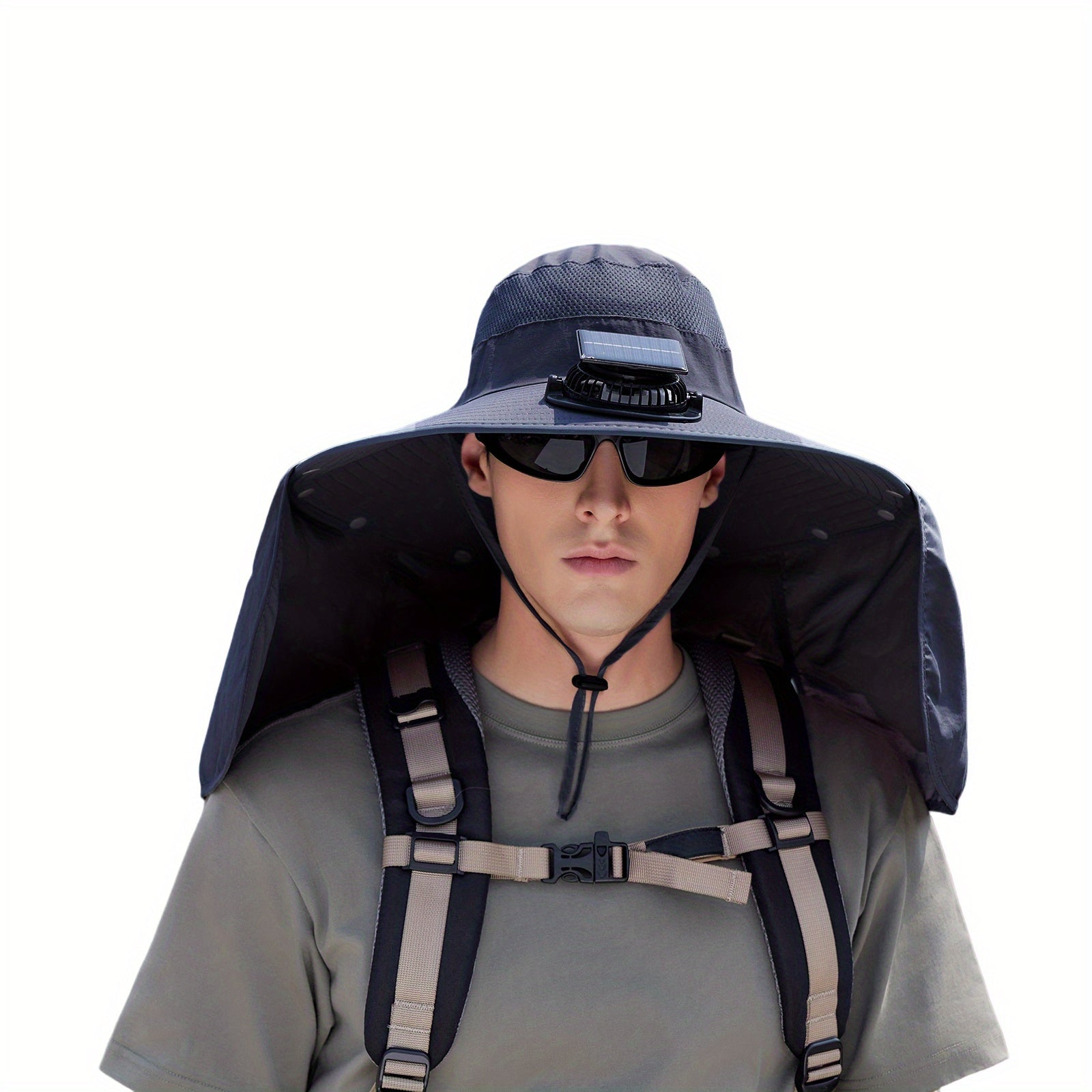 Men's Solar Cooling Hat - Wide Brim UPF Sun Protection Hat, Lightweight Beige/Orange Outdoor Travel Camping Hat with Lanyard, Hands-Free, Hiking Gear, Fashion Headwear, Comfortable Fit