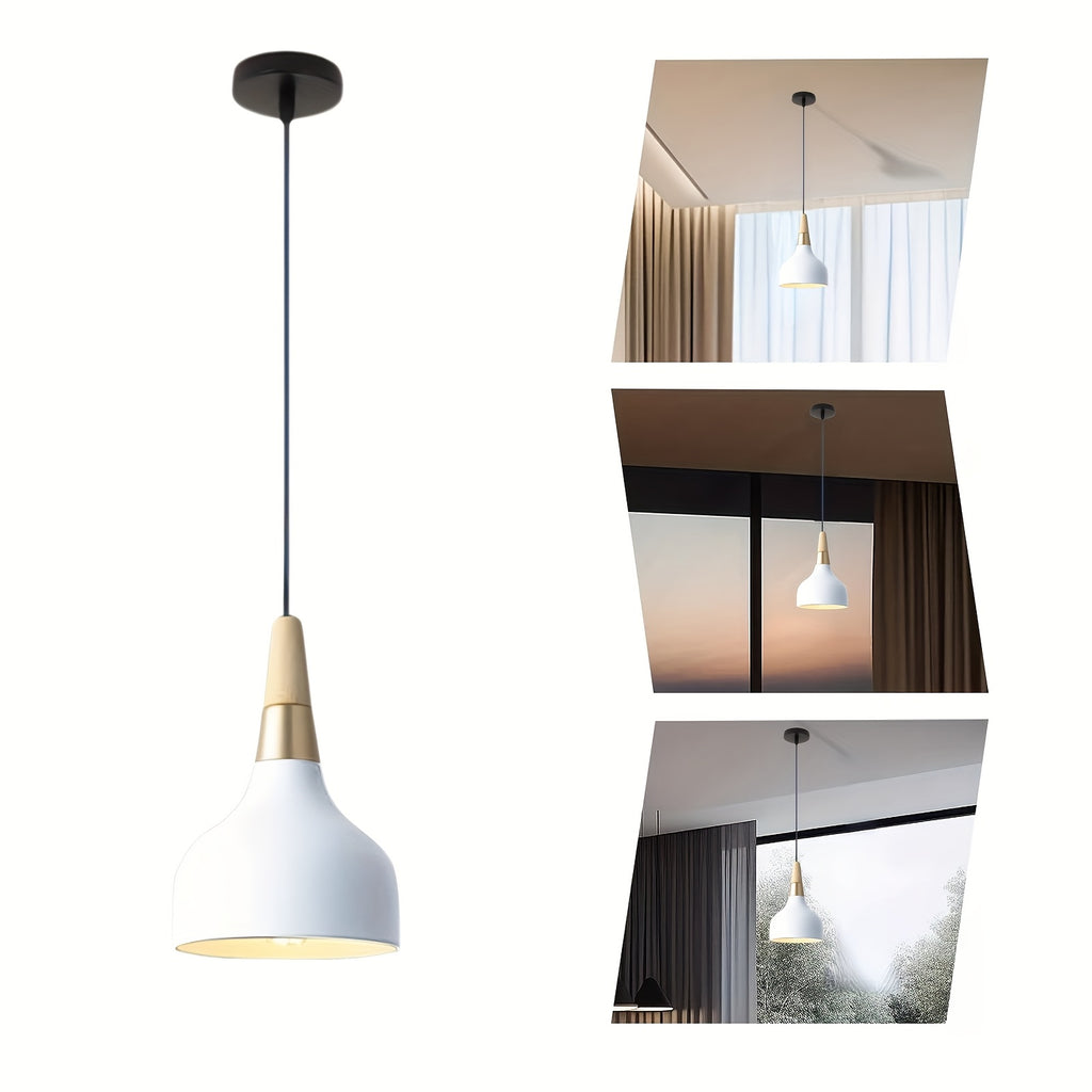 Modern E26/27 pendant light industrial art decorative ceiling lighting fixture simple Nordic style hanging lampshade single-head for dining room, kitchen island, hallway, store (wood, white)