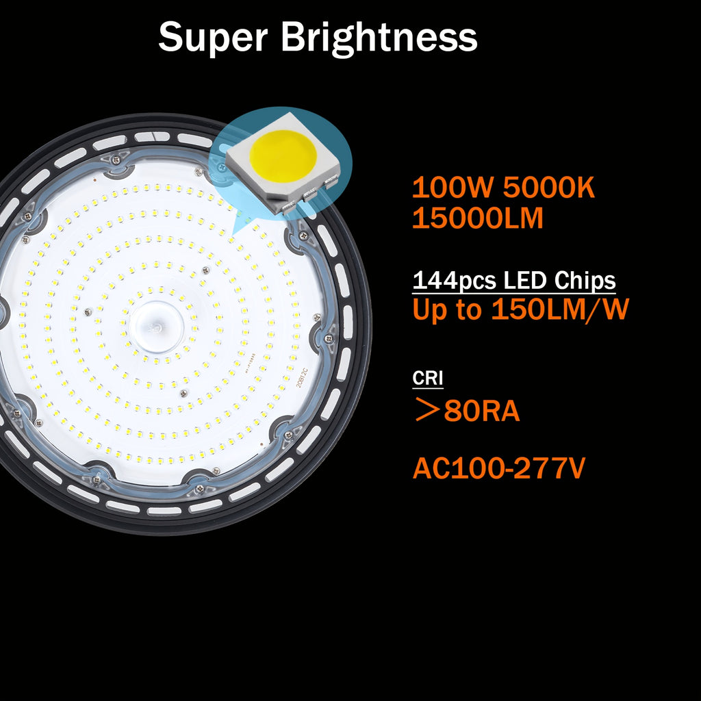UFO LED high bay light 100W 5000K | 15000 LM garage light, with US-style hook, AC100-277V, ETL certified, IP65 waterproof, semi-flush mount installation, aluminum lampshade, MENCOLULU brand