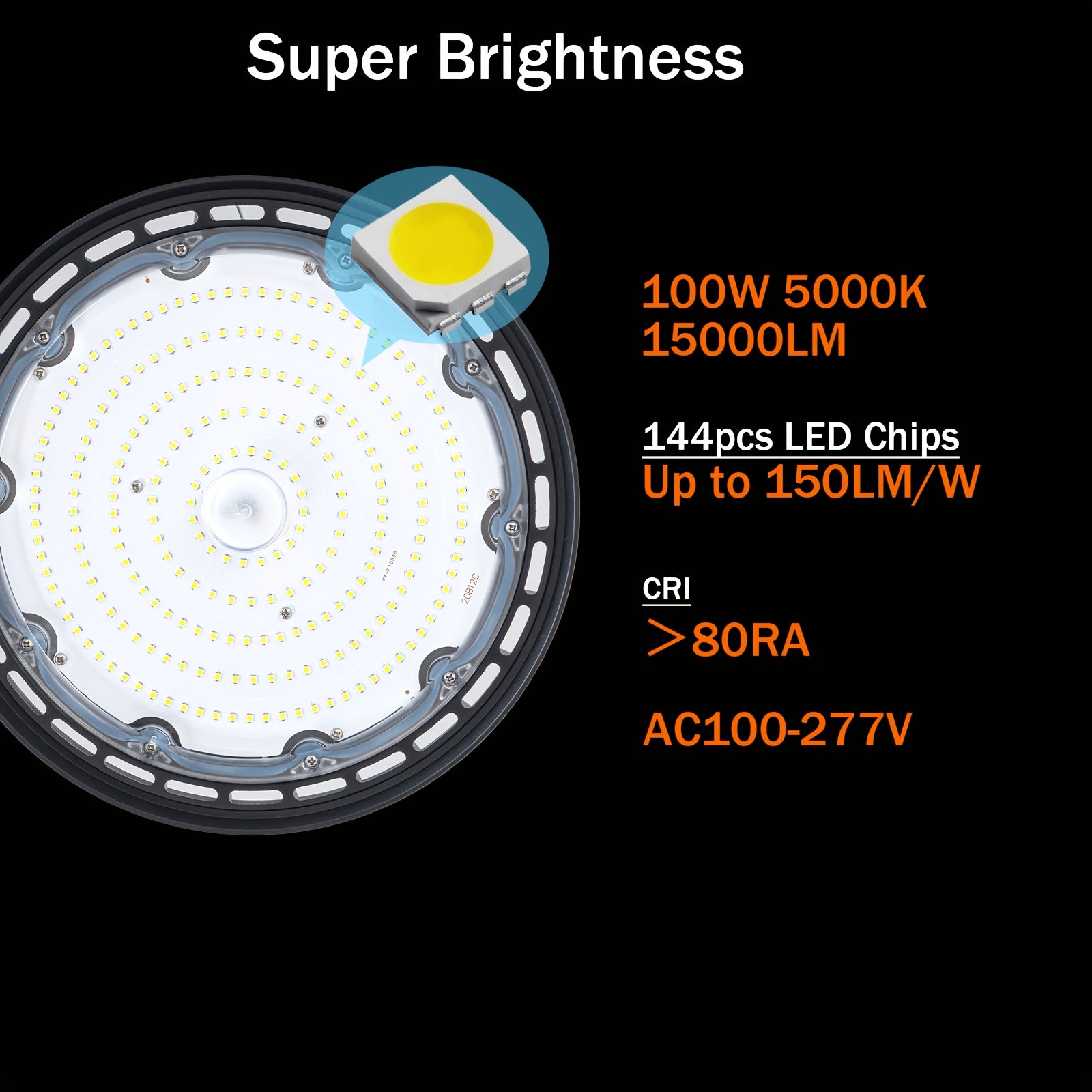 UFO LED high bay light 100W 5000K | 15000 LM garage light, with US-style hook, AC100-277V, ETL certified, IP65 waterproof, semi-flush mount installation, aluminum lampshade, MENCOLULU brand