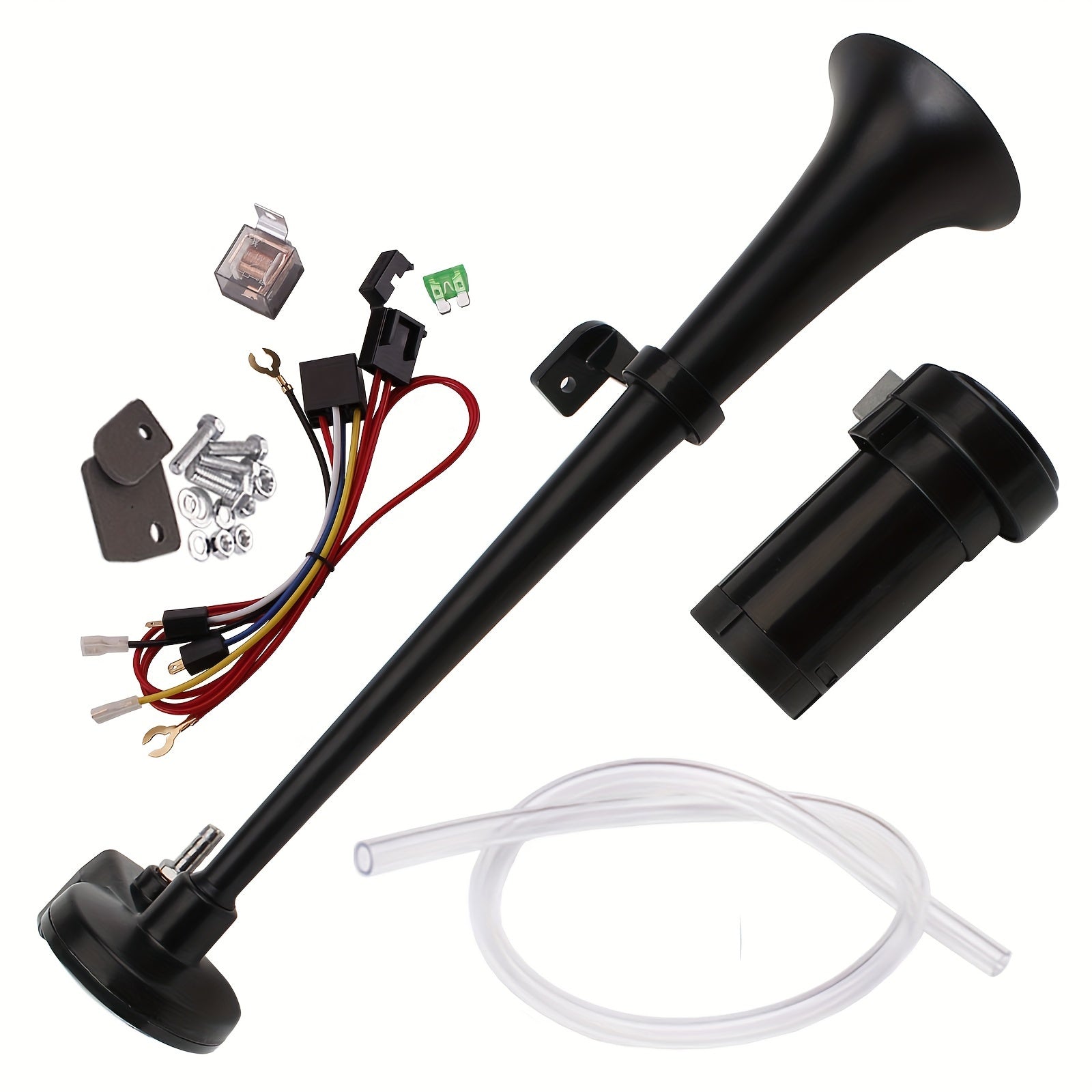 ALLREY 12V Air Horn Kit, Super Loud 18 Inch Single Horn Truck Horn, Train Horn with Compressor, Fits Any 12V Vehicle, Silver Black Button