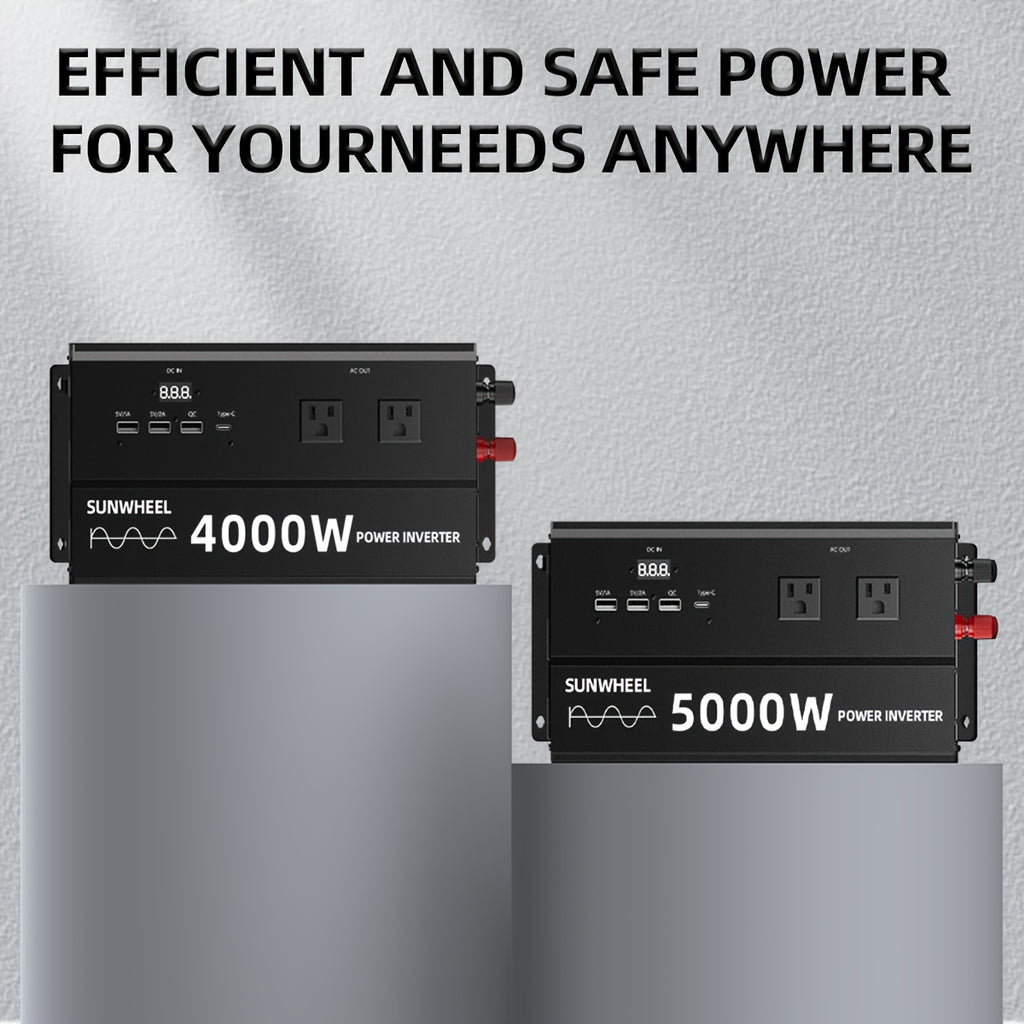 纯正波5000W 4000W 110V车载电源逆变器，快速充电，数字电压显示，智能快速充电，5000W大功率变压器-车载3个USB插头，1个Type-C插头，适用于汽车，家庭，笔记本电脑，卡车，美规插座