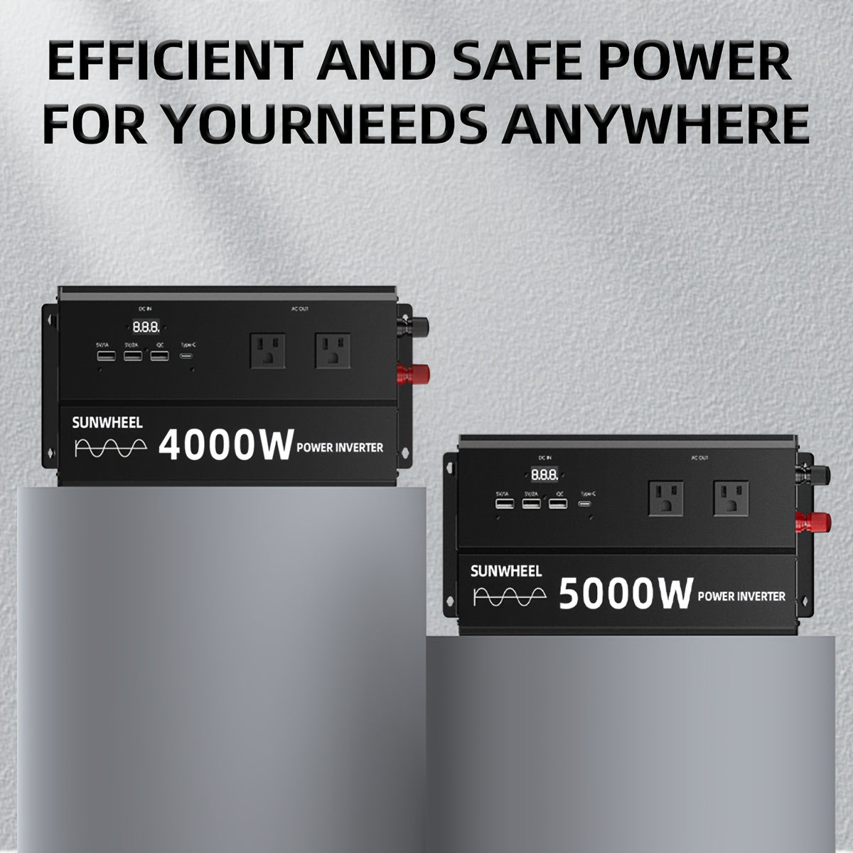 纯正波5000W 4000W 110V车载电源逆变器，快速充电，数字电压显示，智能快速充电，5000W大功率变压器-车载3个USB插头，1个Type-C插头，适用于汽车，家庭，笔记本电脑，卡车，美规插座