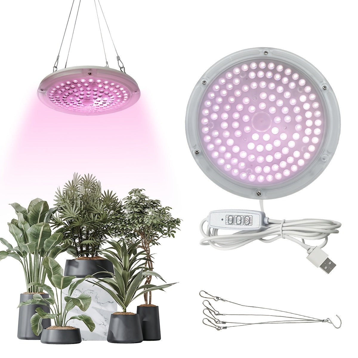 120 LED Full Spectrum Plant Grow Light, 2/4/8H Timer, 4 Dimmable Brightness Levels, 7.08 Inch Large Disc Plant Light with Hanging Chain, USB 5V Powered, Ideal for Promoting Growth of Small & Medium Indoor Plants