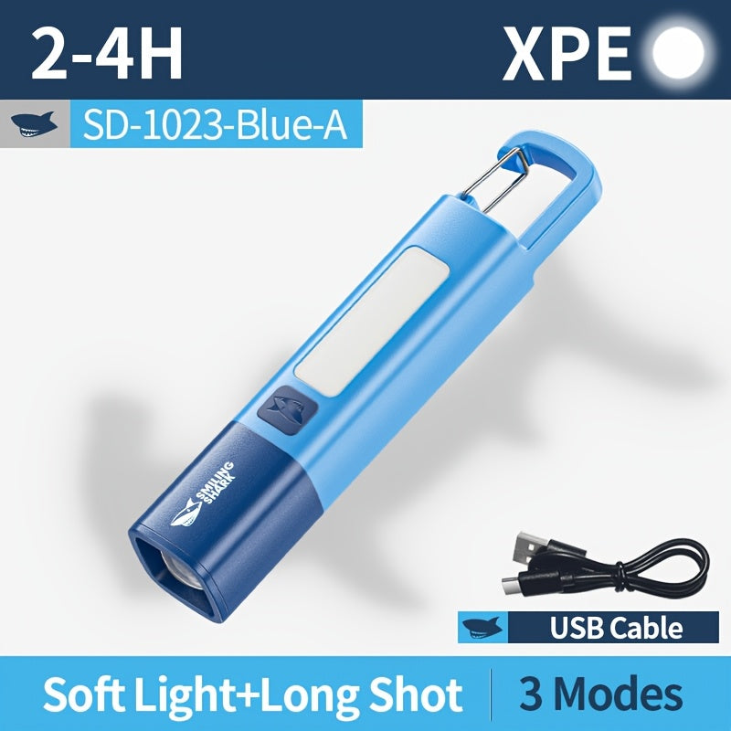SMILING SHARK SD1023 Portable Flashlight, XPE Super Bright Spotlight - Zoomable COB Side Light, 3 Modes, Type-C Rechargeable, with Hook & Colorful Design, Ideal for Outdoor Camping, Hiking, Adventures & Home Gifts