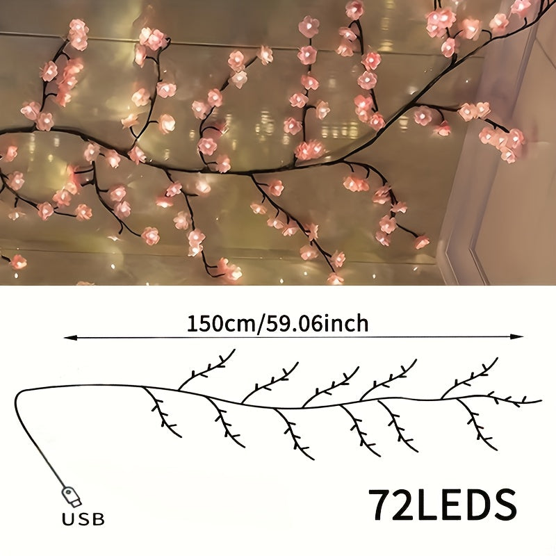 1件 72LEDS/96LEDS/144LEDS樱花藤条灯，发光的樱花树枝灯，可弯曲的樱花藤蔓灯，LED树枝灯，8种闪烁模式，USB供电，DIY，室内氛围装饰灯，适用于卧室，客厅，墙壁，派对，节日，婚礼等氛围装饰，室内灯串，节日装饰灯