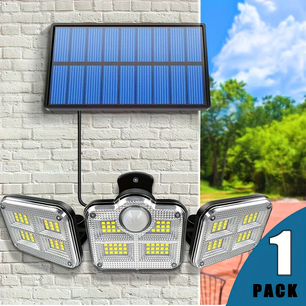 Solar Security Light with Motion Sensor - 3-Head 122 IP54 LED Dimmable, Semi-Flush Mount Plastic Wall Light, Remote Control, Solar Battery 2400mAh Lithium-Ion Battery, Non-Detachable Solar Panel - Light Source Included