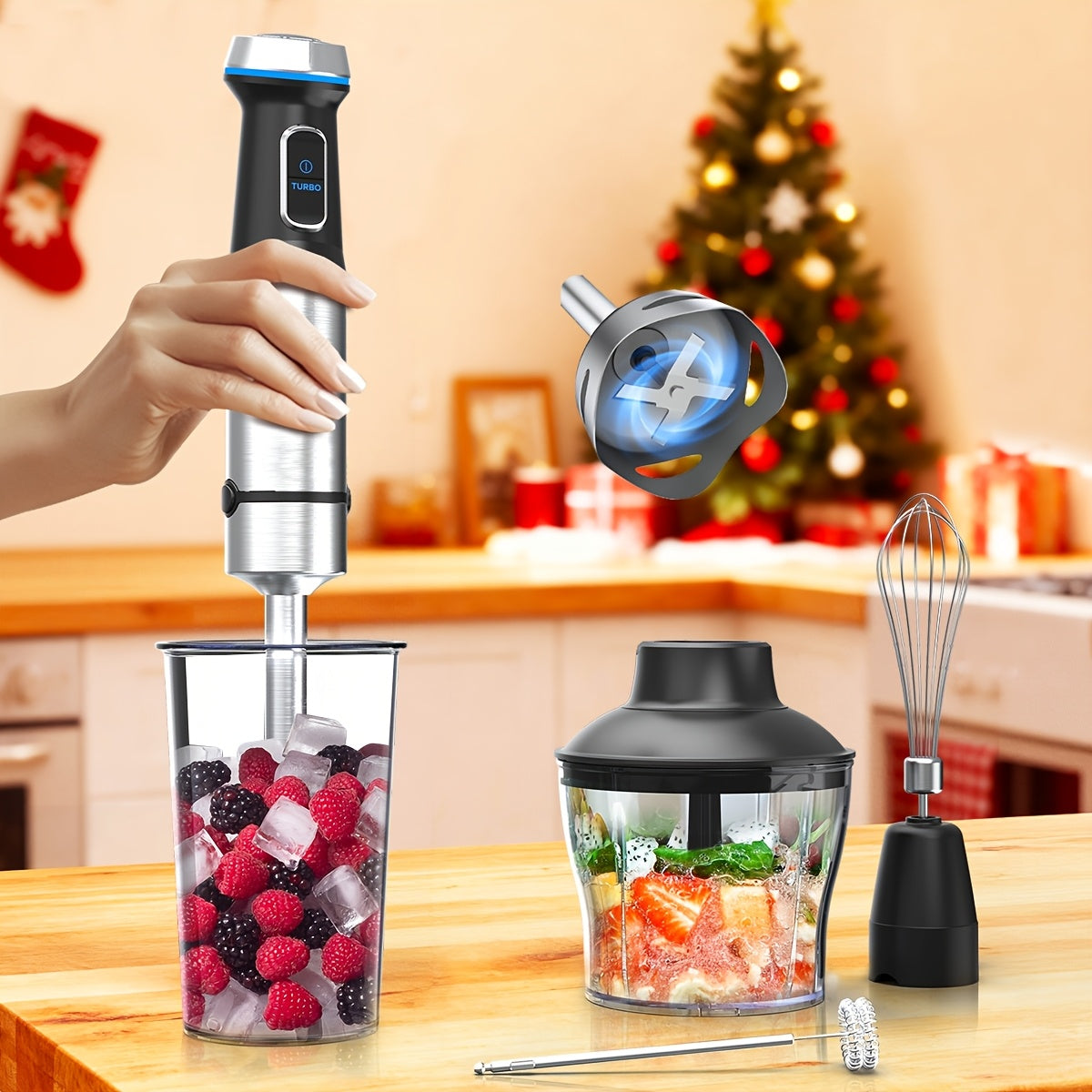 5-in-1 Handheld Blender, Max 1000W Powerful Motor, 15 Speed Levels, Equipped with Stainless Steel Blade, Mixing Cup, Chopper, Egg Beater and Milk Frother, Perfect for Homemade Smoothies, Sauces, Soups and Baby Food, Ideal Gift Option
