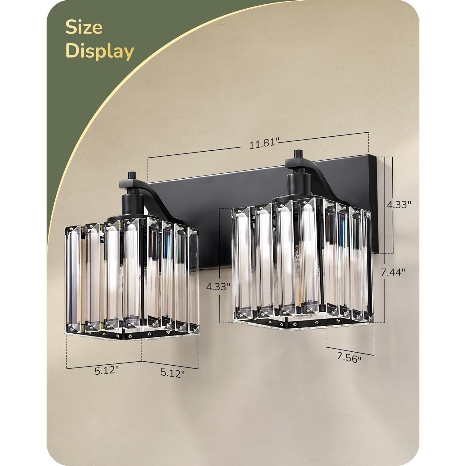EDISHINE Double-Head Crystal Bathroom Vanity Light, Black Wall Mount Mirror Light, Modern E26 Screw Base Indoor Lighting Fixture, Suitable for Bathroom, Makeup Room, Bedroom